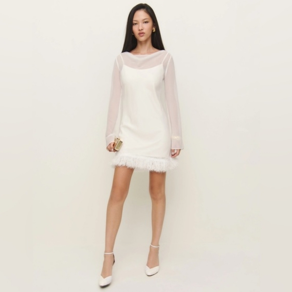 Reformation Tetty Dress White Long Sleeve Feather Hem Dress Size 0 NWT